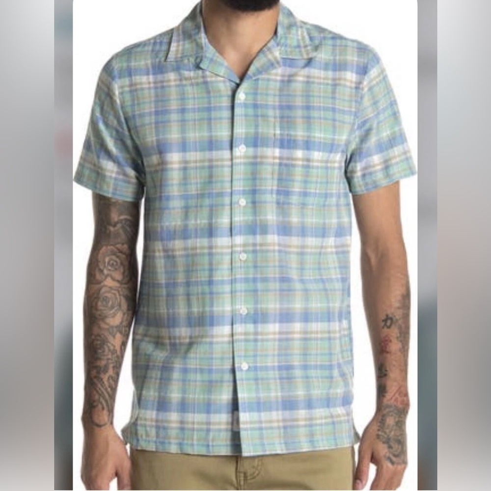 Onia Vacation Short Sleeve Blue Multi Plaid Shirt Large Button Down NEW 925